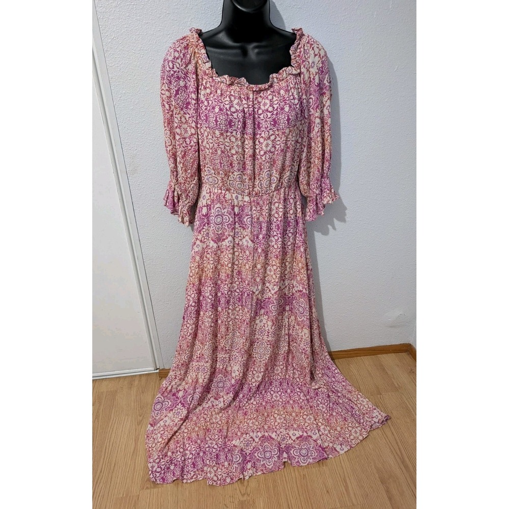 Pink Lily Floral Boho Maxi Dress‎ Small Square Neck Puff Sleeve Belted